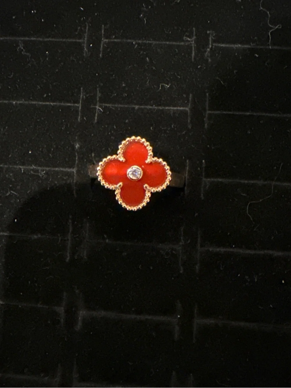 Red Agate Four-Petal Clover Ring with Gold Accents
